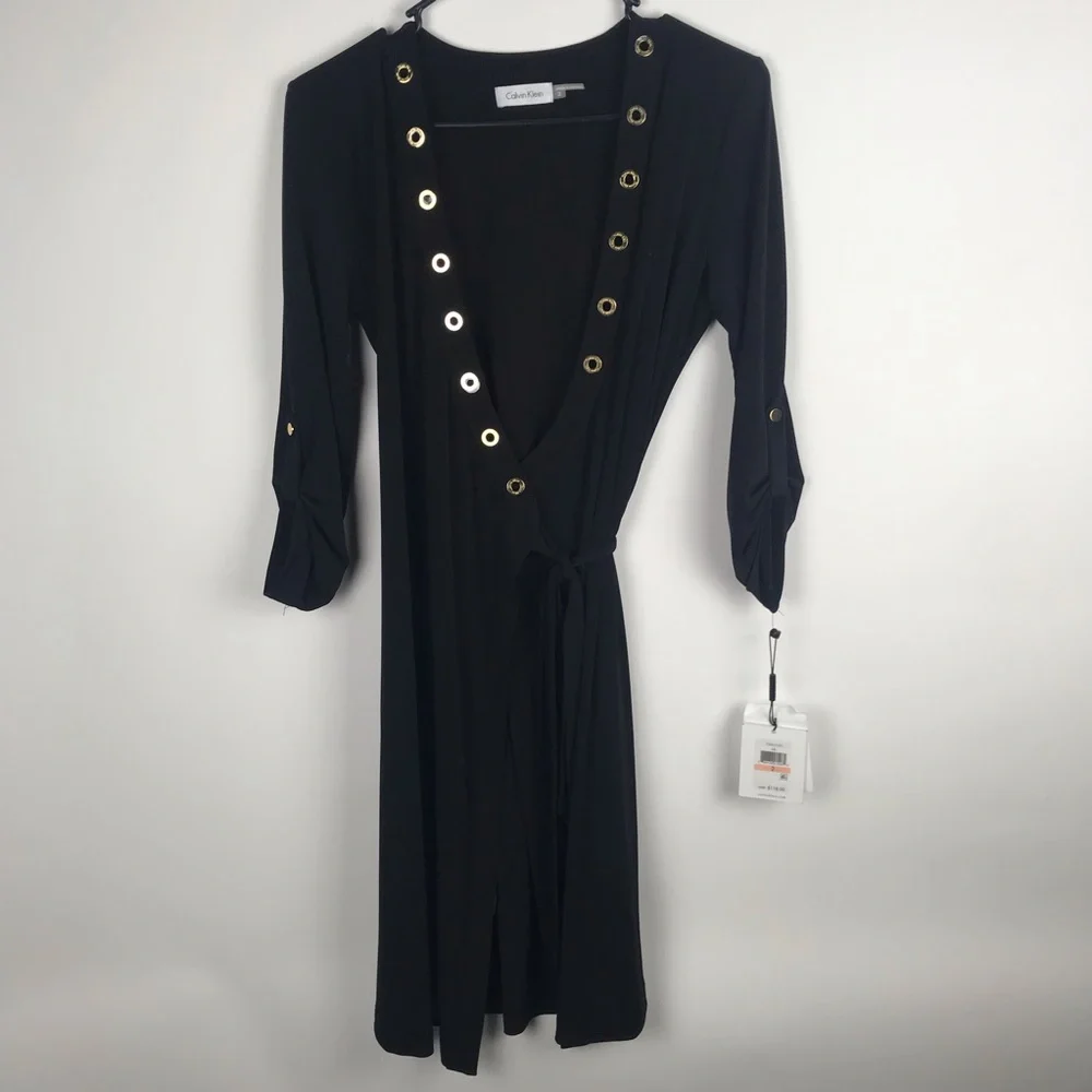 Calvin Klein Black Mini Wrap Dress with Grommet Detail
